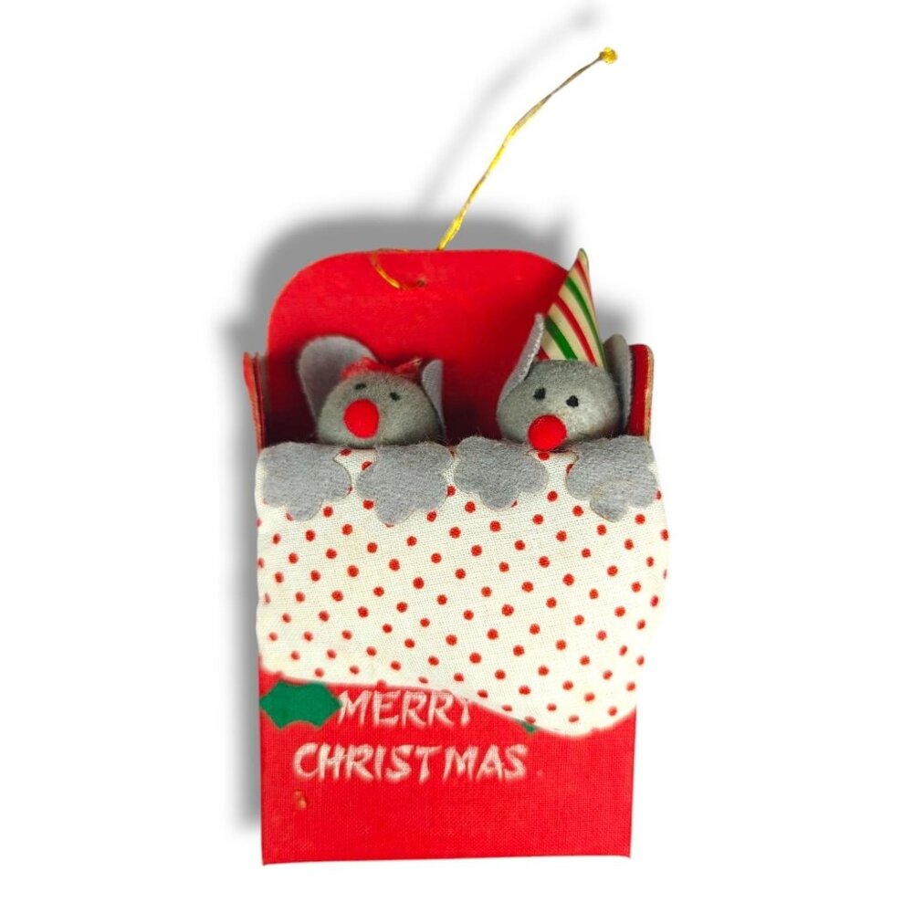 Vintage Russ Berrie Christmas Ornament With Mice In Bed Red White Polka Dot